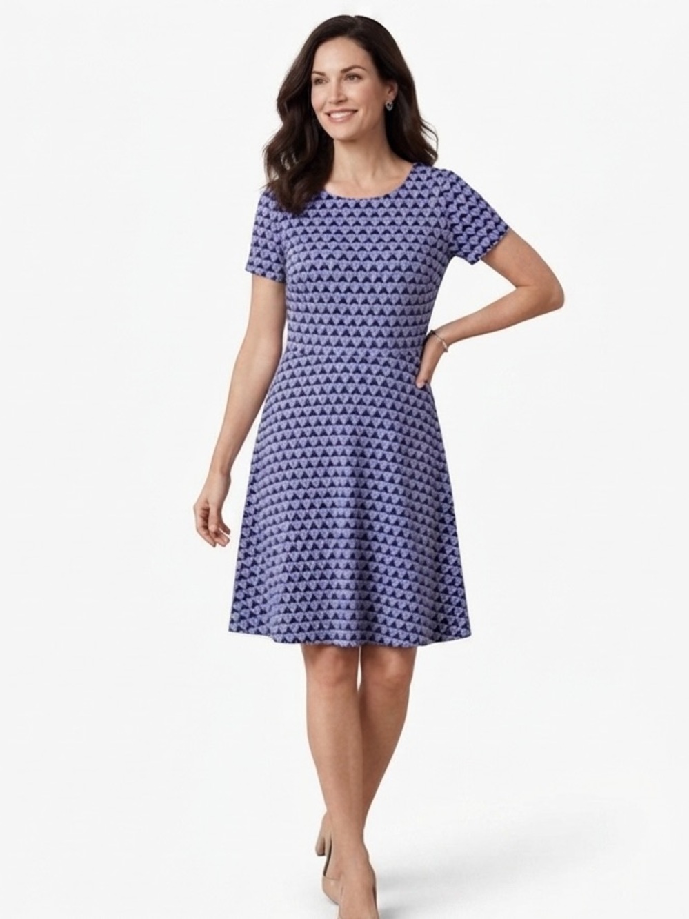 Talbots Jersey Knit - Fit & Flare Dress -Blue Geo Patterned Short Sleeve